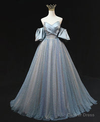 Blue A Line Tulle Long Prom Dress, Blue Tulle Evening Dress with Beading