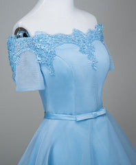 Blue A-Line Tulle Short Sleeve Lace Short Prom Dresses, Blue Cute Homecoming Dresses