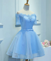 Blue A-Line Tulle Short Sleeve Lace Short Prom Dresses, Blue Cute Homecoming Dresses