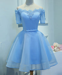 Blue A-Line Tulle Short Sleeve Lace Short Prom Dresses, Blue Cute Homecoming Dresses