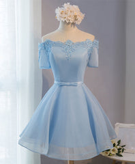 Blue A-Line Tulle Short Sleeve Lace Short Prom Dresses, Blue Cute Homecoming Dresses