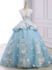 Blue Ball Gown Cap Sleeve Organza Flower Backless Wedding Dresses