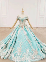 Blue Ball Gown Off the Shoulder Appliques Beading Prom Dress