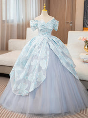 Blue Ball Gown Print Tulle Off the Shoulder Quinceanera Dresses