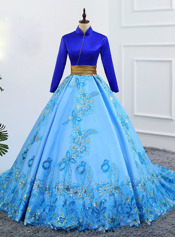 Blue Ball Gown Satin High Neck Backless Long Sleeve Appliques Quinceanera Dresses