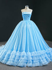 Blue Ball Gown Sequins Strapless Pleats Sleeveless Prom Dresses