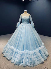 Blue Ball Gown Sequins Tulle Long Sleeve Pleats Prom Dresses