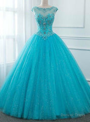 Blue Ball Gown Tulle Backless Long Quinceanera Dresses With Crystal