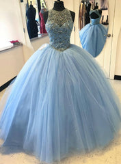 Blue Ball Gown Tulle Beaded Halter Backless Sweet 16 Prom Dresses