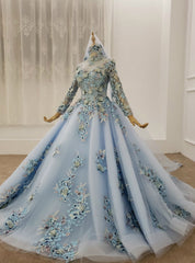 Blue Ball Gown Tulle High Neck Long Sleeve Appliques Beading Wedding Dressesading Wedding Dresses