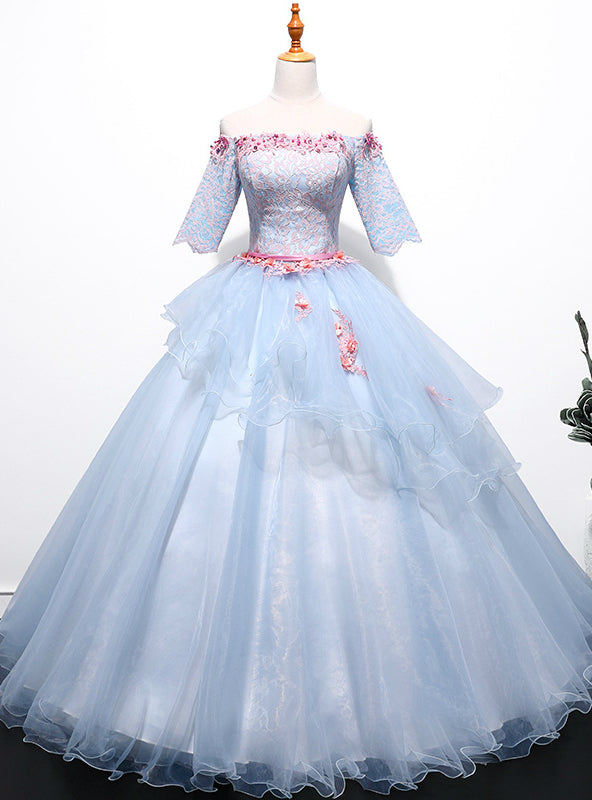 Blue Ball Gown Tulle Lace Short Sleeve Lace Quinceanera Dresses