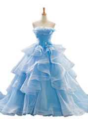 Blue Ball Gown Tulle Strapless Pleats Wedding Dresses