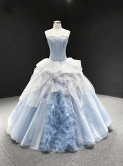 Blue Ball Gown Tulle Sweetheart Sleevelss Princess Prom Dresses