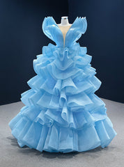 Blue Ball Gown Tulle Tiers See Through V-neck Prom Dresses