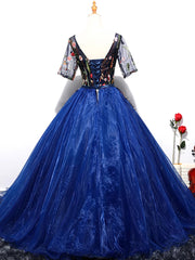 Blue Ball Gown Tulle with Lace Short Sleeves Party Dresses, Blue Sweet 16 Dresses