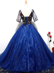 Blue Ball Gown Tulle with Lace Short Sleeves Party Dresses, Blue Sweet 16 Dresses