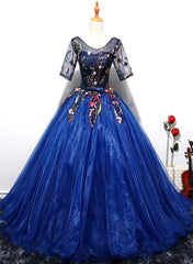 Blue Ball Gown Tulle with Lace Short Sleeves Party Dresses, Blue Sweet 16 Dresses