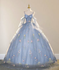 Blue Ball Gown with Scattered Little Flower Prom Dresses