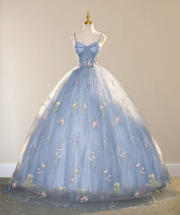 Blue Ball Gown with Scattered Little Flower Prom Dresses