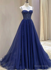 Blue Beaded Sweetheart Tulle A-line Prom Dress, Blue Long Party Dress