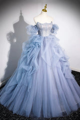 Blue Cascading Ruffles Long Prom Dresses, A-Line Strapless Short Sleeve Sweep Train Evening Dresses