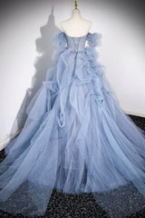 Blue Cascading Ruffles Long Prom Dresses, A-Line Strapless Short Sleeve Sweep Train Evening Dresses