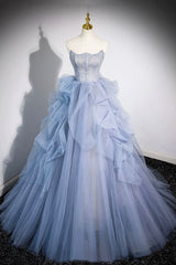 Blue Cascading Ruffles Long Prom Dresses, A-Line Strapless Short Sleeve Sweep Train Evening Dresses