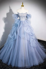 Blue Cascading Ruffles Long Prom Dresses, A-Line Strapless Short Sleeve Sweep Train Evening Dresses