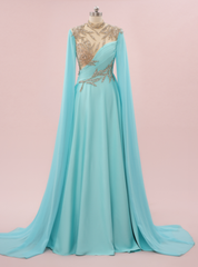 Blue Chiffon Beading High Neck Prom Dresses