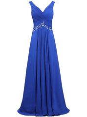 Blue Chiffon V-neck Floor Length Bridesmaid Dresses