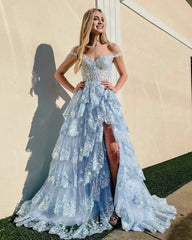 Blue Crystal Pailla Princess eine Linie vom Schulterabschlusskleid mit Spitzenrüschen