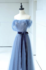 Blue Floor Length Prom Dresses, A-line Strapless Tulle Evening Dresses