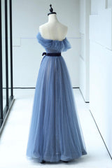 Blue Floor Length Prom Dresses, A-line Strapless Tulle Evening Dresses