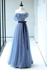 Blue Floor Length Prom Dresses, A-line Strapless Tulle Evening Dresses