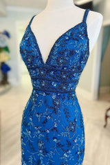 Blue Floral Lace Beaded Lace-Up Back Cocktail Dresses