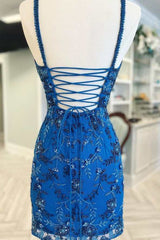 Blue Floral Lace Beaded Lace-Up Back Cocktail Dresses