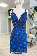 Blue Floral Lace Beaded Lace-Up Back Cocktail Dresses