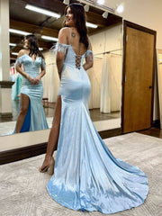 Blue Glitter Feather V Neck Long Prom Dresses with Slit