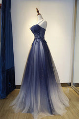 Blue Gradient A-line Tulle Long Formal Dresses Graduation Dresses Woman