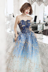 Blue Gradient Beaded A-line Floor Length Party Dresses, Blue Tulle Prom Dresses