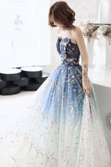 Blue Gradient Beaded A-line Floor Length Party Dresses, Blue Tulle Prom Dresses