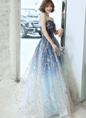 Blue Gradient Beaded A-line Floor Length Party Dresses, Blue Tulle Prom Dresses