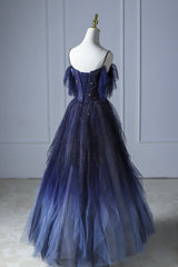 Blue Gradient Tulle Long Prom Dresses, Spaghetti Strap Evening Dresses