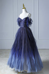 Blue Gradient Tulle Long Prom Dresses, Spaghetti Strap Evening Dresses