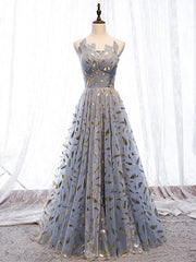 Blue Gray Tulle Gold Feather Strapless Prom Dresses