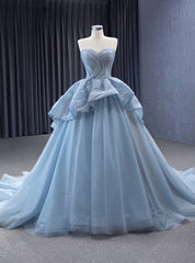 Blue Gray Tulle Sweetheart Pleats Prom Dress