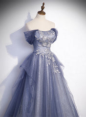 Blue-Grey Long A-line Off Shoulder Party Dresses, New A-line Prom Dresses Evening Dresses