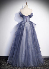 Blue-Grey Long A-line Off Shoulder Party Dresses, New A-line Prom Dresses Evening Dresses