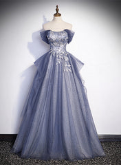 Blue-Grey Long A-line Off Shoulder Party Dresses, New A-line Prom Dresses Evening Dresses