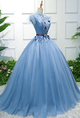 Blue High Neck Tulle Blue Long Prom Dresses, Blue Evening Dresses